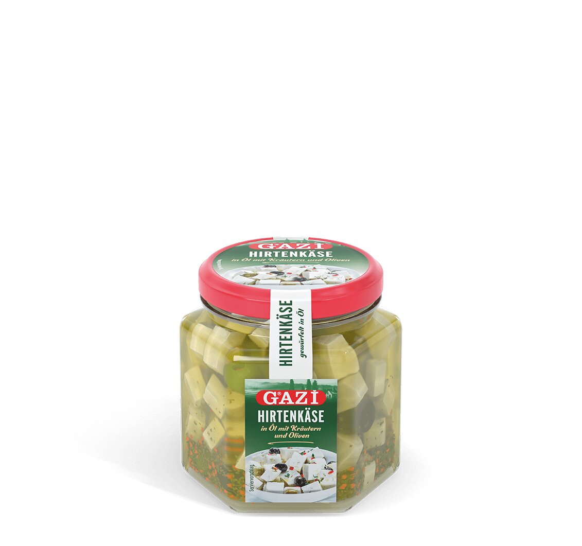 Gazi Hirtenkäse 1x 300g gewürfelt in Öl mit Kräutern und Oliven 45% Fett i.Tr.