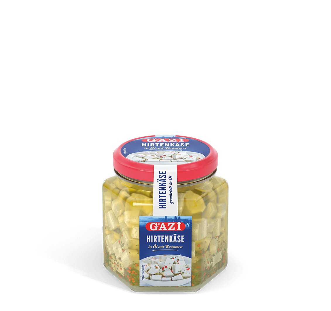 Gazi Hirtenkäse 6x 300g 45% Fett i.Tr. Kuhkäse in Öl mit Kräutern gewürfelt