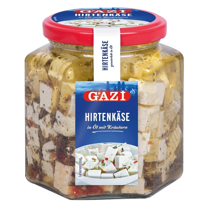 Gazi Hirtenkäse Käsewürfel 12x 300g 45% Fett Kuhkäse Öl mit Kräutern gewürfelt